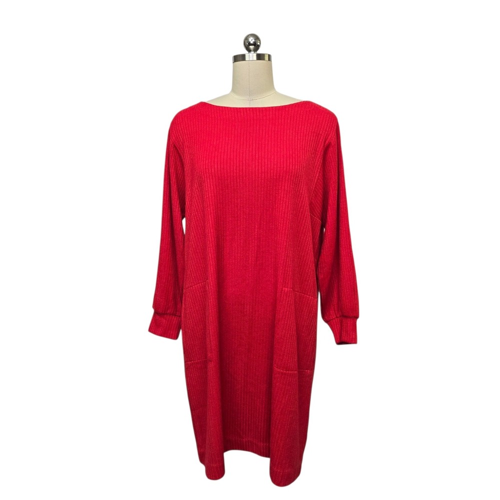 NIC+ZOE Womens Pop Red Ribbed Boat Neck Long Sleeve Pocket Shift Dress sz Medium